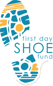 Logo of the First Day Shoe Fund, depicting a sole of a blue shoe with yellow highlights with the words First Day Shoe Fund in the middle of it.