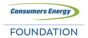 Logo of consumers energy foundation with stylized text and an elliptical green swoosh above the word "consumers".